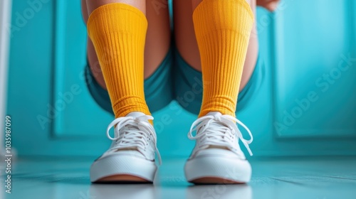 A colorful image of a person wearing yellow socks and white sneakers, standing on a turquoise floor, creating a playful and vibrant atmosphere. photo