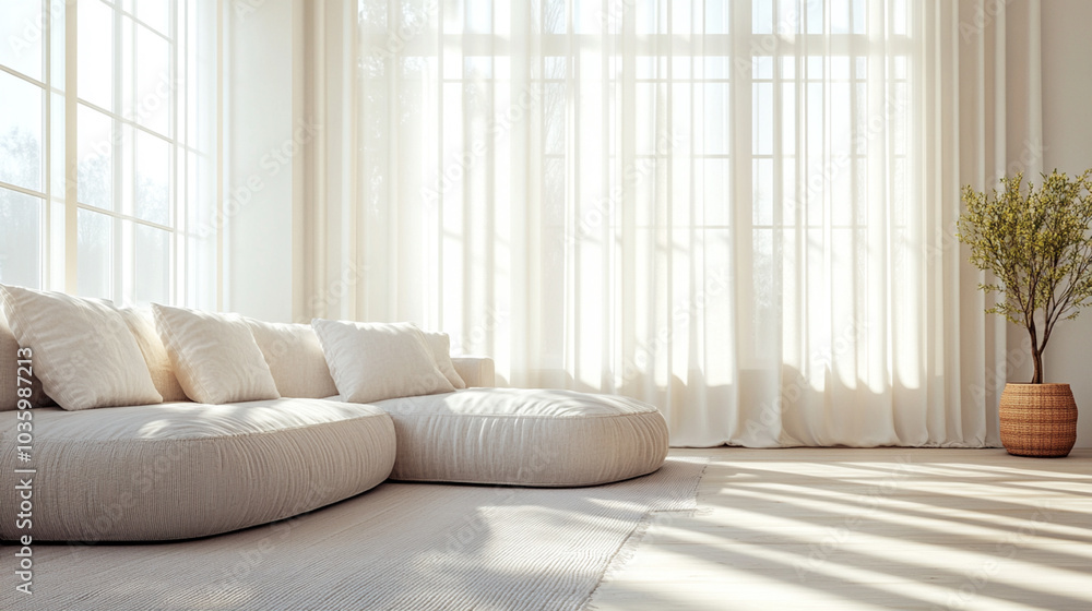 Fototapeta premium A clean, modern living space with neutral colors, sunlight filtering through large windows, casting soft shadows.