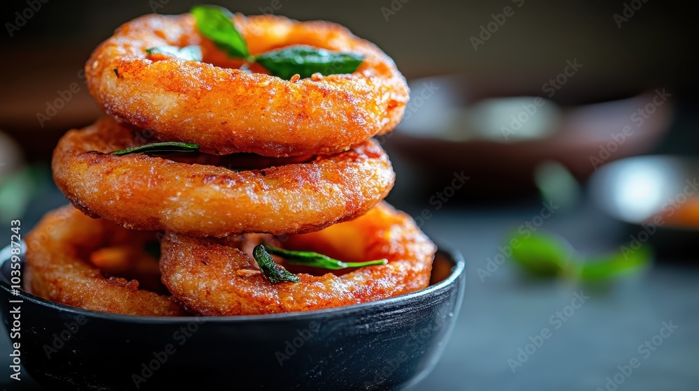 Golden-brown crispy donuts stacked in a black bowl, artistically garnished with fresh herbs, set against a sophisticated and muted background, creating a warm ambiance. Golden-brown crispy donuts stacked in a black bowl, artistically garnished with fresh herbs, set against a sophisticated and muted background, creating a warm ambiance.