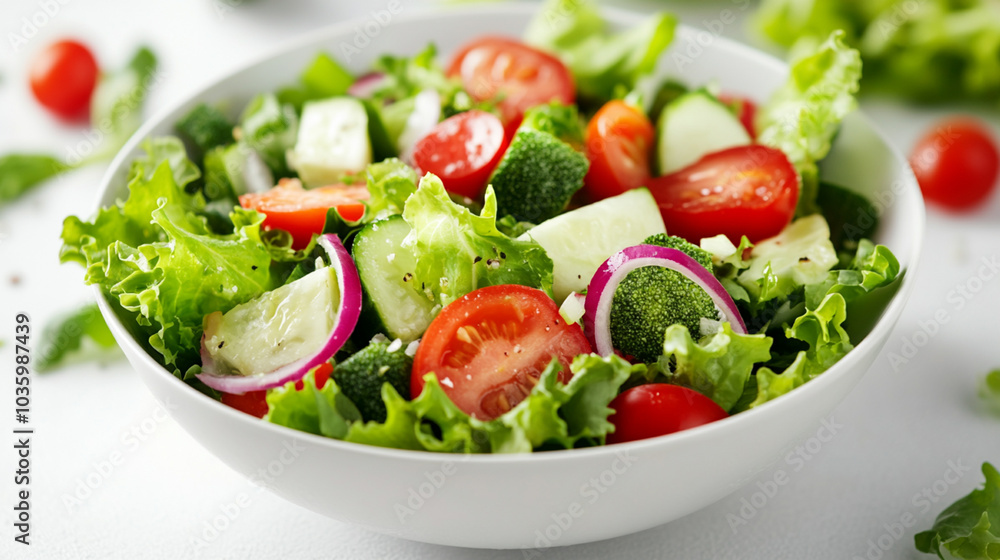 Close-up of a fresh salad bowl with vibrant vegetables, placed on a clean white table in soft natural sunlight. Close-up of a fresh salad bowl with vibrant vegetables, placed on a clean white table in soft natural sunlight.