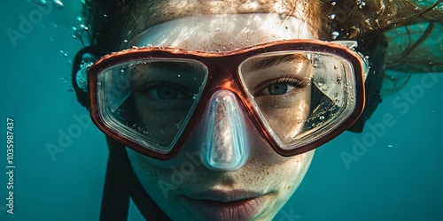 Close Up Underwater Portrait of a Diver Wearing a Mask photo