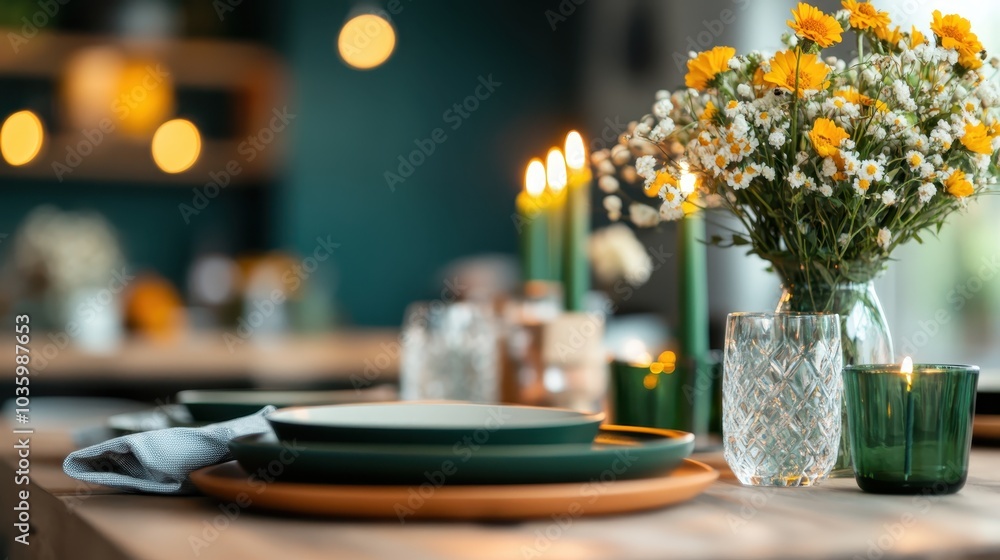 An elegant display of yellow daisies in a glass vase, alongside candles, rests on a stylish dining table setting, evoking tranquility and charm. An elegant display of yellow daisies in a glass vase, alongside candles, rests on a stylish dining table setting, evoking tranquility and charm.