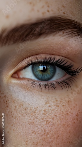 Close-up of a Blue Eye with Freckles and Eyelashes