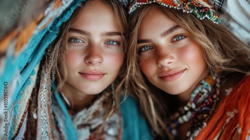 Twin models pose in bohemian style clothing, enveloped by vibrant textiles and showcasing their natural beauty and close bond, amid an ethereal setting.