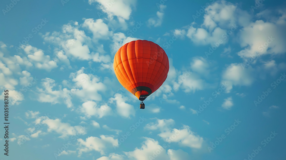 Obraz premium A single orange hot air balloon floats in a clear blue sky with puffy white clouds.