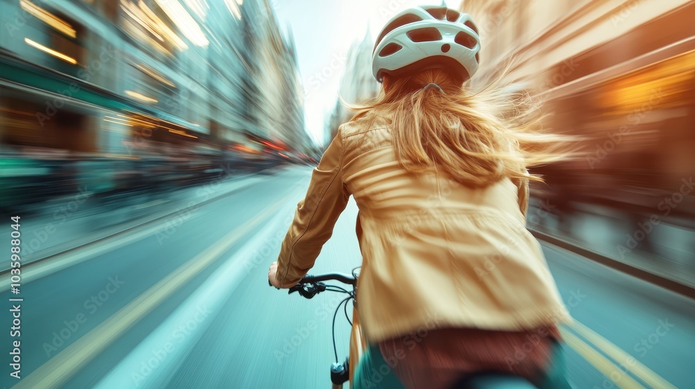A cyclist wearing a protective helmet rides swiftly along a bustling city street, showcasing the fast-paced life and transportation dynamics of urban environments. A cyclist wearing a protective helmet rides swiftly along a bustling city street, showcasing the fast-paced life and transportation dynamics of urban environments.