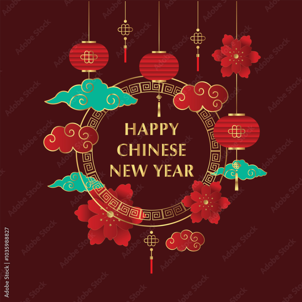 Naklejka premium Happy Chinese new year background vector. Year of the dragon design wallpaper with Chinese hanging lantern, gold texture. Modern luxury oriental