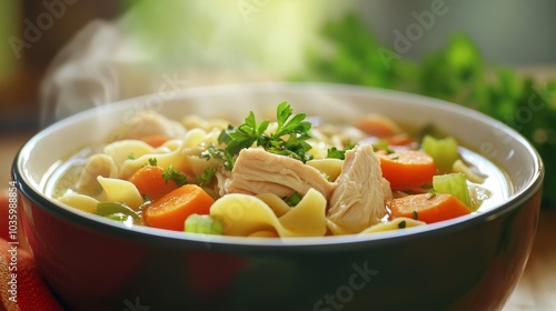 A delightful bowl of chicken noodle soup with tender pieces of chicken, carrots, celery