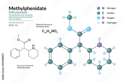Methylphenidate. Structural Chemical Formula and 3d Model of Molecule. C14H19NO2. Atoms with Color Coding. Vector Graphic Illustration for Educational Materials, Scientific Articles, and Presentations