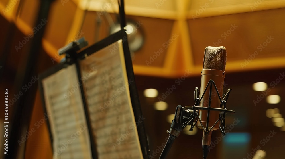 Close-up of microphone on stand in soundproof recording studio, positioned in front of script stand, symbolizing voice acting and audio production. Close-up of microphone on stand in soundproof recording studio, positioned in front of script stand, symbolizing voice acting and audio production.