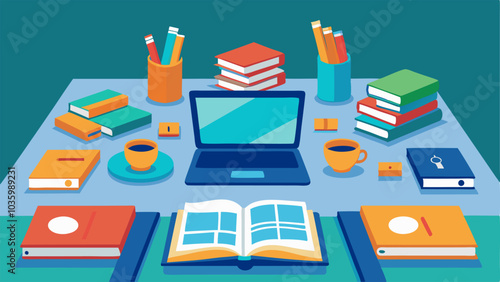 One of the communal study tables filled with laptops textbooks and notebooks.