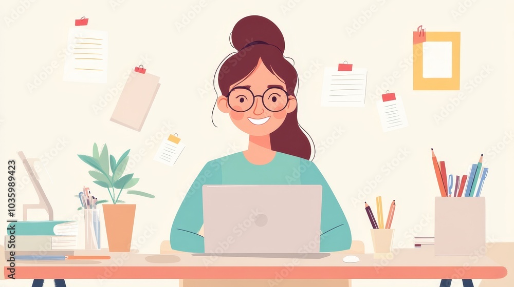 A happy and cheerful cartoon Administrative Assistant is working on her laptop at her desk. The image symbolizes organization, efficiency, and productivity. She is surrounded by office supplies and he A happy and cheerful cartoon Administrative Assistant is working on her laptop at her desk. The image symbolizes organization, efficiency, and productivity. She is surrounded by office supplies and he
