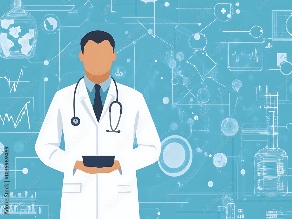 A doctor wearing stethoscope in white gown illustration