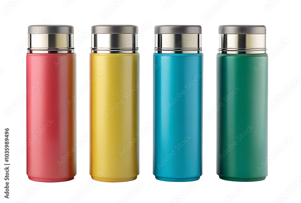 Set of different colors of thermos flask travel bottles isolated on transparent background Set of different colors of thermos flask travel bottles isolated on transparent background
