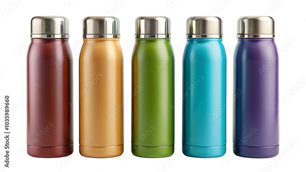 Set of different colors of thermos flask travel bottles isolated on transparent background Set of different colors of thermos flask travel bottles isolated on transparent background