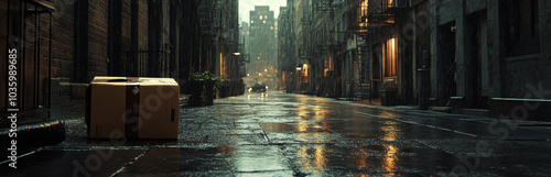 A lone package rests on a wet, deserted city street, awaiting its delivery, symbolizing hope, anticipation, urban life, solitude, and the relentlessness of time. photo