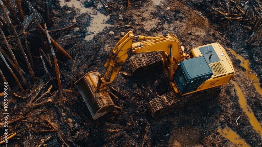 Excavator Working in Deforestation Area Excavator Working in Deforestation Area