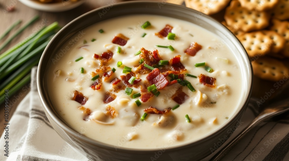 A delightful bowl of clam chowder soup garnished with crispy bacon bits and chopped chives, Clam chowder bowl centered, Soft natural lighting accentuating the creamy texture A delightful bowl of clam chowder soup garnished with crispy bacon bits and chopped chives, Clam chowder bowl centered, Soft natural lighting accentuating the creamy texture