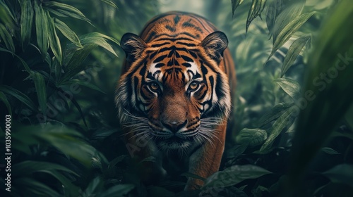 A majestic tiger prowls through the dense jungle foliage, its gaze intense and focused, showcasing the power and beauty of this apex predator.  Symbolising strength, grace, nature, wildness, and survi photo