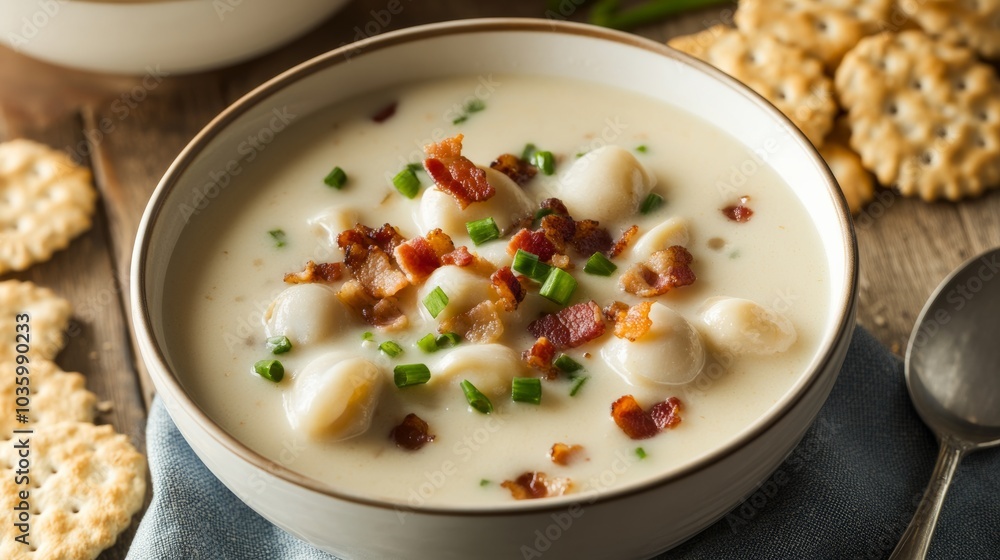 A delightful bowl of clam chowder soup garnished with crispy bacon bits and chopped chives, Clam chowder bowl centered, Soft natural lighting accentuating the creamy texture A delightful bowl of clam chowder soup garnished with crispy bacon bits and chopped chives, Clam chowder bowl centered, Soft natural lighting accentuating the creamy texture