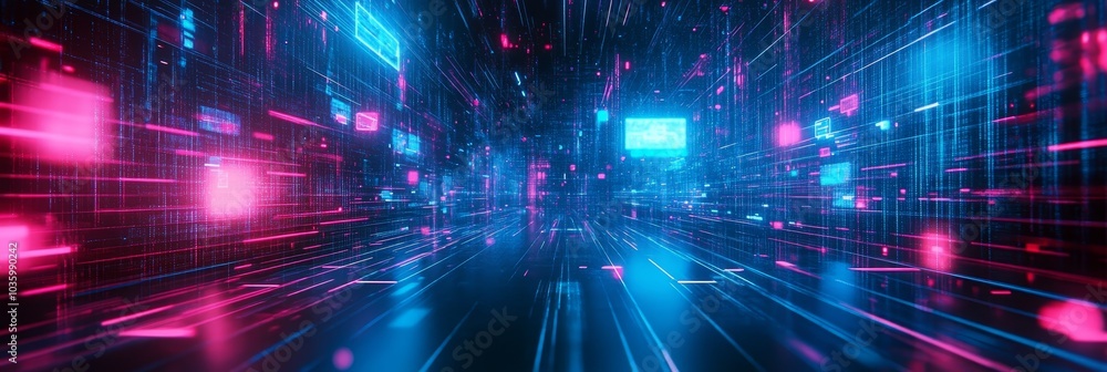 A mesmerizing digital cityscape bathed in vibrant neon blue and pink lights, symbolizing the boundless possibilities of technology, innovation, data flow, and a futuristic world. A mesmerizing digital cityscape bathed in vibrant neon blue and pink lights, symbolizing the boundless possibilities of technology, innovation, data flow, and a futuristic world.