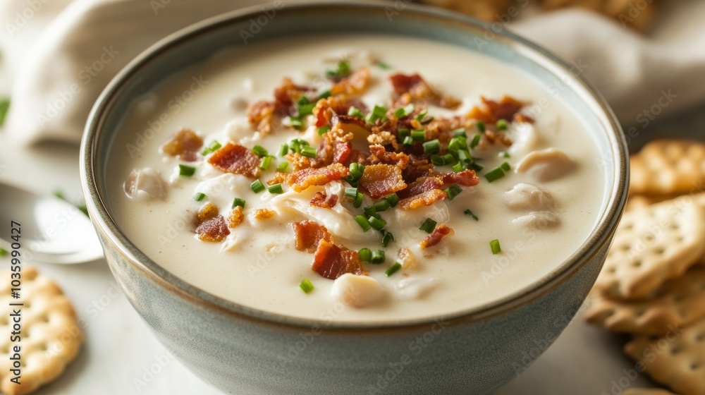 A delightful bowl of creamy clam chowder garnished with crispy bacon bits and chopped chives, Chowder bowl placed off-center, Soft diffused light for a cozy feel A delightful bowl of creamy clam chowder garnished with crispy bacon bits and chopped chives, Chowder bowl placed off-center, Soft diffused light for a cozy feel