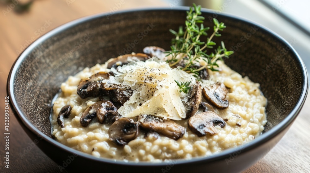 A delightful bowl of creamy mushroom risotto garnished with freshly grated parmesan cheese and a drizzle of truffle oil, Risotto bowl centered, Warm diffused lighting enhancing the richness A delightful bowl of creamy mushroom risotto garnished with freshly grated parmesan cheese and a drizzle of truffle oil, Risotto bowl centered, Warm diffused lighting enhancing the richness