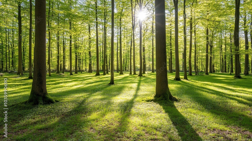 Sunbeams Through The Trees in a Lush Green Forest Sunbeams Through The Trees in a Lush Green Forest