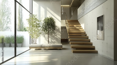 A modern loft entrance hall with sleek lines and a minimalist design. Features a floating wooden staircase, large windows, and a bright and airy feel.