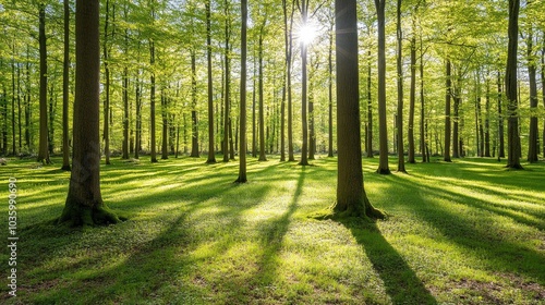 Sunbeams Through The Trees in a Lush Green Forest