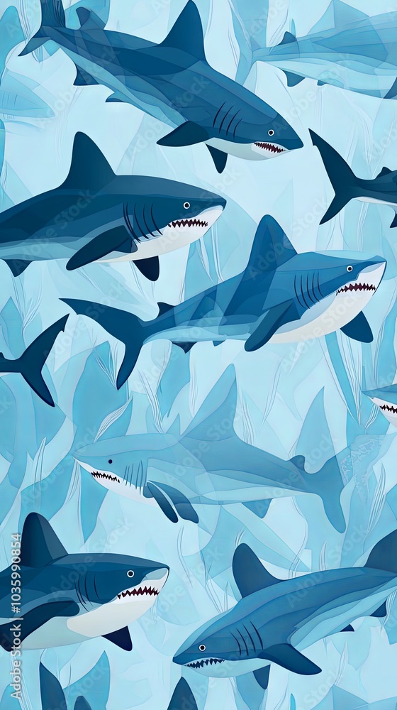 Blue Sharks Underwater: A Digital Illustration of Marine Predators Blue Sharks Underwater: A Digital Illustration of Marine Predators
