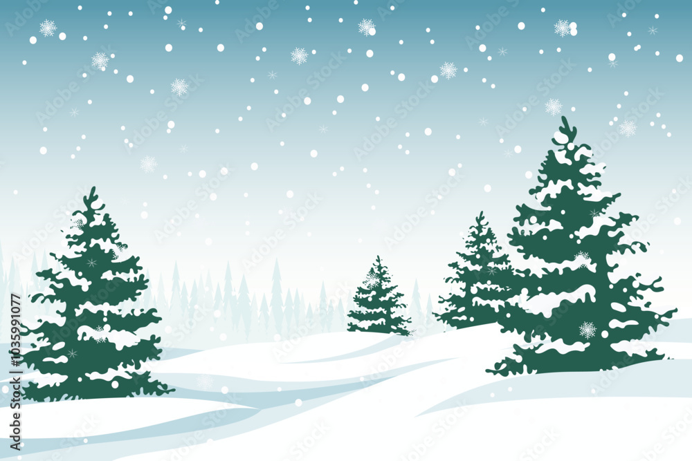 Winter forest in snowy weather. Beautiful trees covered with snow in snowfall with amazing snowflakes. Beautiful winter forest landscape vector illustration. Winter forest in snowy weather. Beautiful trees covered with snow in snowfall with amazing snowflakes. Beautiful winter forest landscape vector illustration.