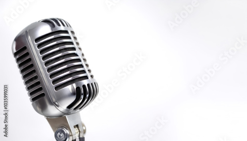 Vintage metal microphone on side position provides copy space for text. background concept isolated white