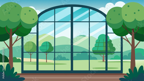 Large windows offering a view of a serene landscape or garden.