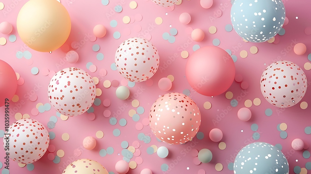 Colorful balloons and confetti on pink background. Flat lay, top view Colorful balloons and confetti on pink background. Flat lay, top view