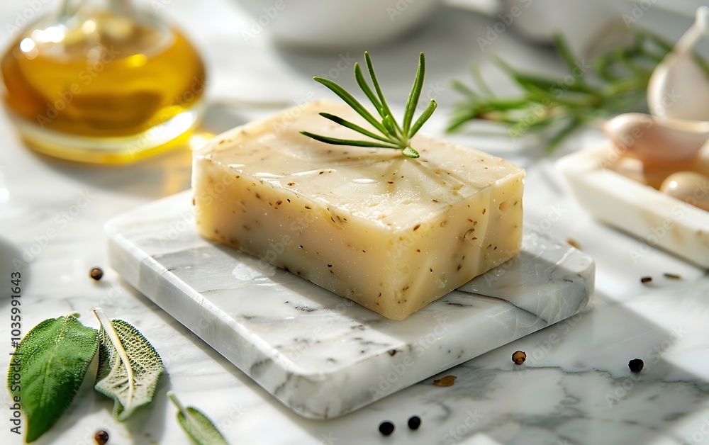 Handmade soap with thyme and olive oil on white marble background Handmade soap with thyme and olive oil on white marble background