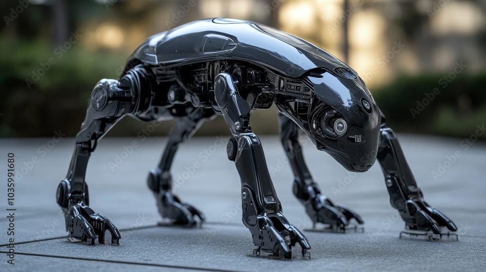 A sleek, black robotic canine stands poised, showcasing the advanced technology and intricate design of modern robotics. This futuristic creature embodies the potential for artificial intelligence and A sleek, black robotic canine stands poised, showcasing the advanced technology and intricate design of modern robotics. This futuristic creature embodies the potential for artificial intelligence and