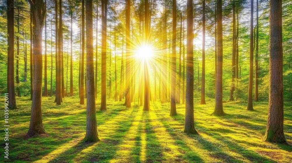 Fototapeta premium Sunbeams Through Forest Trees