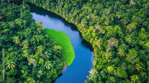 Aerial View of a River Winding Through a Lush Rainforest
