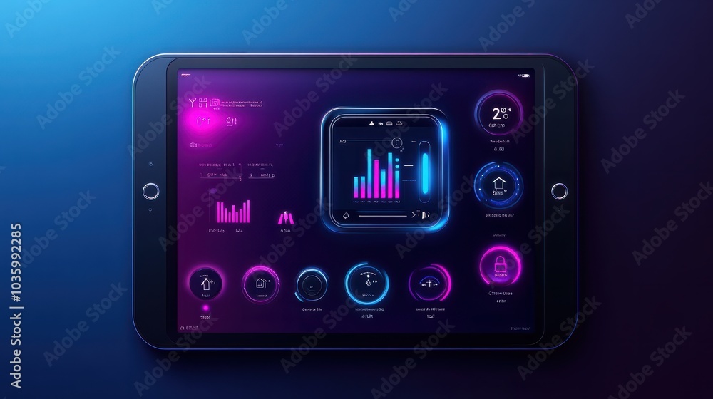 Smart Home Automation Technology Control Panel with Digital Thermostat, Smart Door Lock, and Security Camera System on Tablet Display