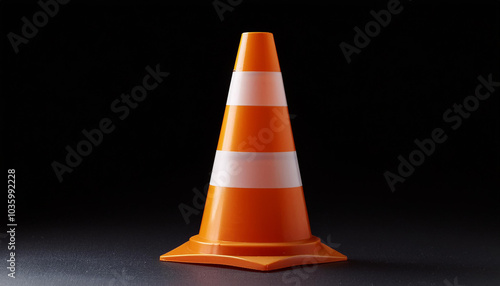 Traffic cone on black background. Warning for potential hazards or construction road works. photo