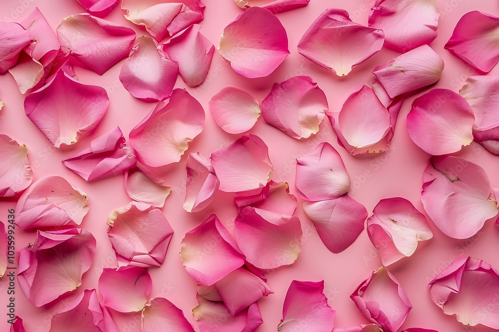 Pink rose petals on pink background. Flat lay, top view Pink rose petals on pink background. Flat lay, top view