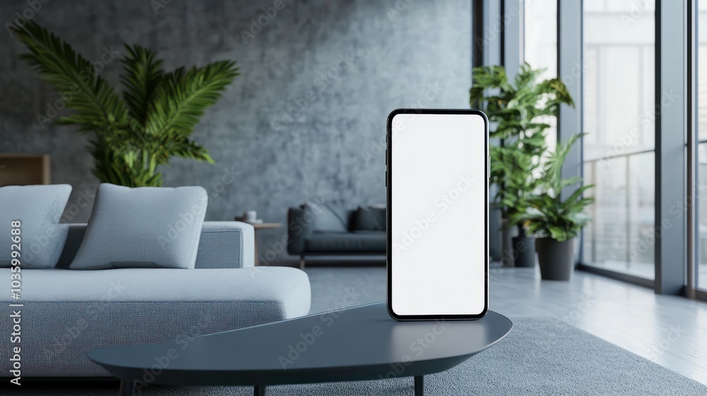 Fototapeta premium Smartphone with a blank screen displayed in a modern living room