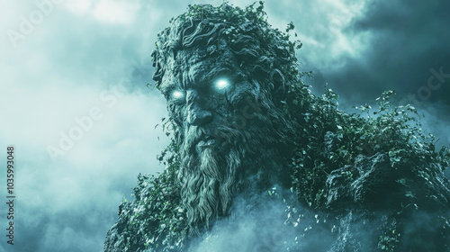 Ancient statue of Zeus in a post-apocalyptic landscape, overgrown and mysterious under a foggy atmosphere photo