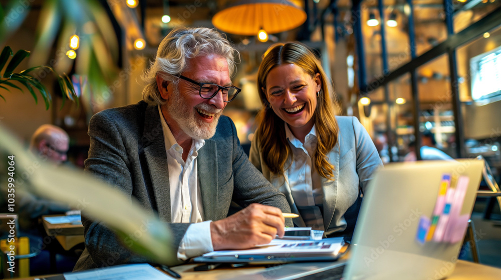 Senior man and young woman smiling and working on laptop. Senior man and young woman smiling and working on laptop.