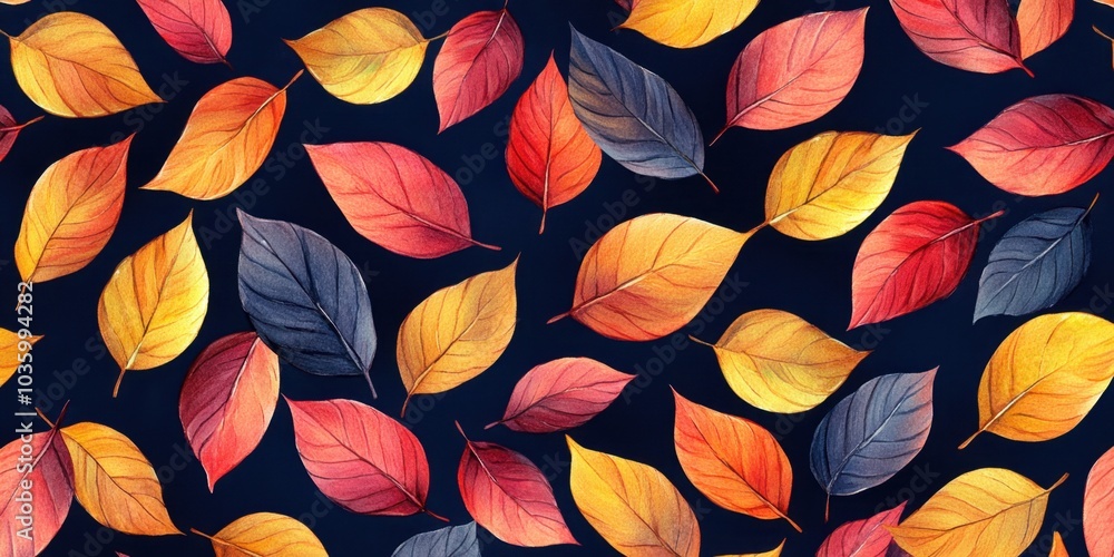 Red, yellow, and orange leaves on a navy blue background Generative AI Red, yellow, and orange leaves on a navy blue background Generative AI