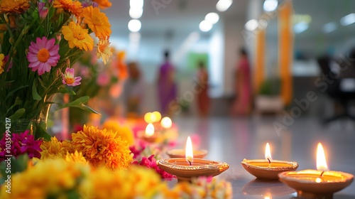 Photo of an office space decorated with flowers and candles, with people celebrating Diwali in the background photo