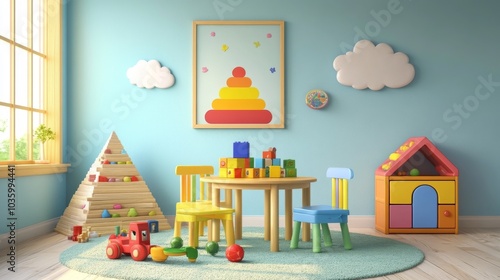 A colorful playroom with a kids' table, chair, and toys. The wall has a poster, toy blocks, a pyramid, and cloud decorations. The room has wooden furniture and toys for playing and learning. photo