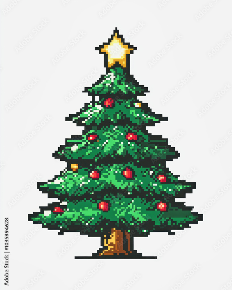 Charming pixel art Christmas tree with a glowing star on top in retro 8-bit style for holiday celebrations Charming pixel art Christmas tree with a glowing star on top in retro 8-bit style for holiday celebrations