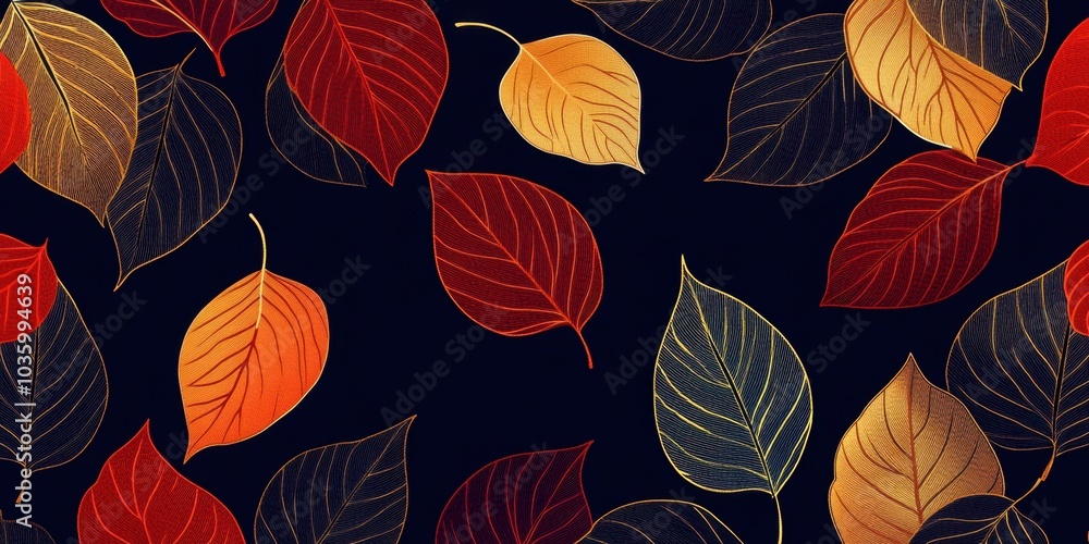 pattern of autumn leaves in red, orange, and gold on a navy blue background, creating an elegant design with a focus on the intricate details of each leaf Generative AI pattern of autumn leaves in red, orange, and gold on a navy blue background, creating an elegant design with a focus on the intricate details of each leaf Generative AI